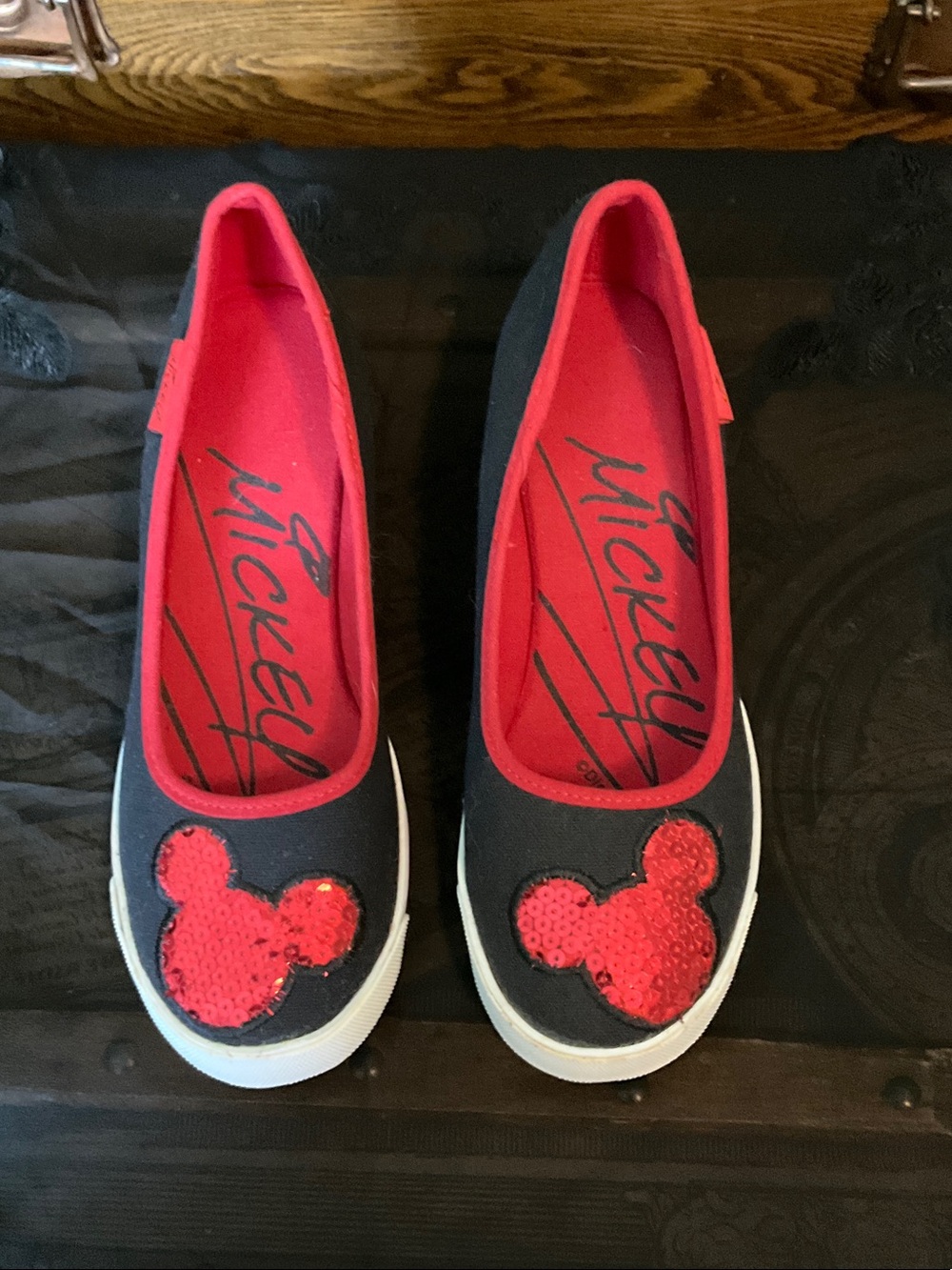 Mickey Black & Red Sequin Wedge Slip-Ons